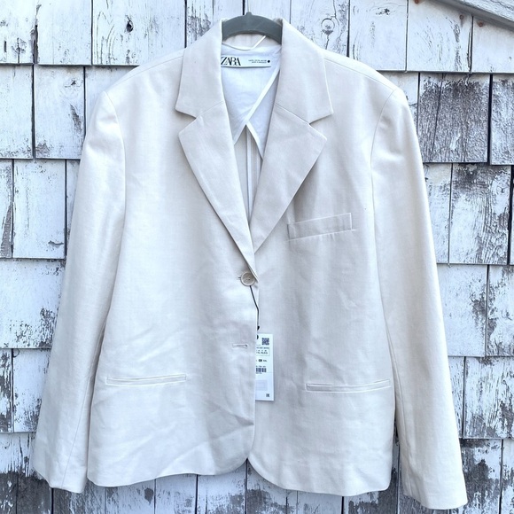 NWT Zara Cotton Cream Button Blazer - Picture 2 of 9